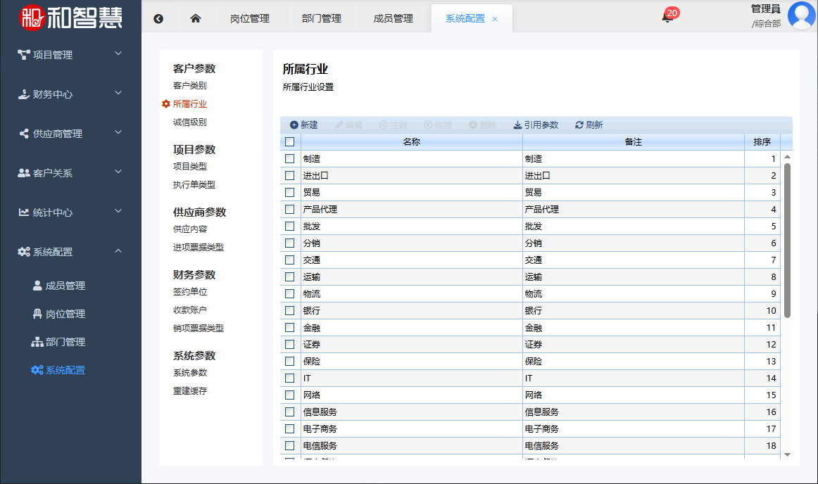 和智慧PEM 客户所属行业设置